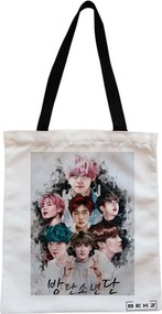 Sacosa de Panza pentru Cumparaturi, Geanta Tote, model BTS Army 3, Cu fermoar, 38x34.5 cm, Alba, BEKZ®
