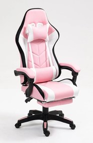 RESIGILAT- ALFORD Scaun gaming cu Masaj in 5 puncte, Perna lombara cu Masaj, Sistem iluminare banda LED RGB, Boxe Bluetooth, suport picioare, PU, Roz