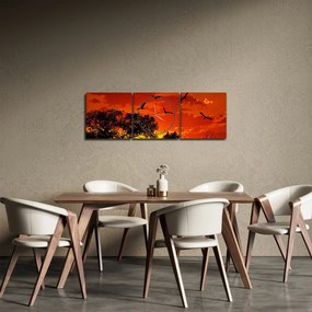 Tablou cu păsări în apus de soare (cu ceas) (90x30 cm)