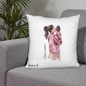 Cadou pentru Mama - Perna Personalizata Super Mom Jachete Roz, 40x40 cm, Alb Pufos, Husa Detasabila, Perna Inclusa, BEKZ®