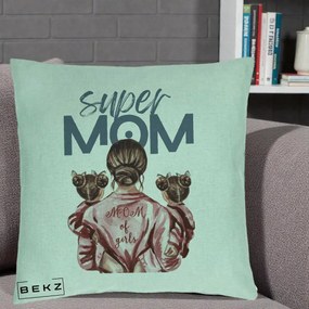 Cadou pentru Mama - Perna Personalizata Super Mom of Girls Mama cu Gemene, 40x40 cm, Verde Menta, Husa Detasabila, Perna Inclusa, BEKZ®