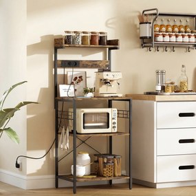 HOMCOM Estantería de Cocina con 2 Tomacorrientes Estante para Microondas Estante Ajustable Ganchos 60x42x137 cm Marrón Rústico | Aosom Romania