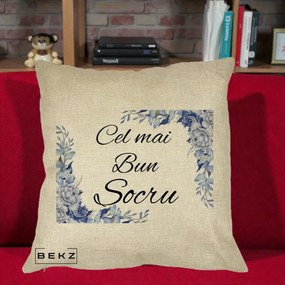 Cadou pentru Socru - Perna Personalizata Cel mai Bun Socru cu Flori Albastre Acuarela, 40x40 cm, Crem, Husa Detasabila, Perna Inclusa, BEKZ®