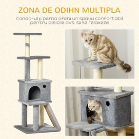PawHut Copac pentru Pisici pe Mai Multe Niveluri cu Căsuță, Scară și Stâlpi din Sisal, Gri | Aosom Romania