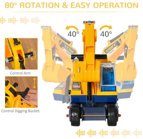 HOMCOM Buldozer Jucarie cu Excavator Manual Scaun Rotativ si Casca, Jucarie prevazuta cu Loc, Copii 2-3 ani, 77x26x55cm, Galben