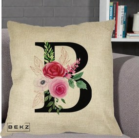 Cadou Personalizat - Perna Personalizata Monograma Florala Litera B, 40x40 cm, Crem, Husa Detasabila, Perna Inclusa, BEKZ®