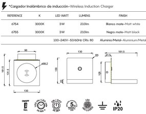 Aplica LED, incarcator wireless ZANZIBAR negru