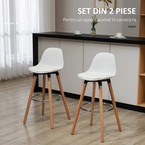 HOMCOM Set de 2 Scaune Înalte de Bar cu Spătar, Scaune Înalte cu Pernă și Pernițe pentru Picioare, 38,5x42,5x91 cm, Alb | Aosom Romania