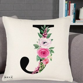 Cadou Personalizat - Perna Personalizata Monograma Florala Litera J, 40x40 cm, Crem Reliefat, Husa Detasabila, Perna Inclusa, BEKZ®