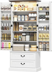 HOMCOM Bufet înalt bucătărie, dulap de bucătărie, LED cu senzor, 2 uși, sertare și rafturi reglabile, 76x39,5x183cm, alb | Aosom Romania