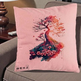 Perna Decorativa Copac Sakura Acuarela Fantasy, 40x40 cm, Roz, Husa Detasabila, Perna Inclusa, BEKZ®