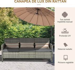 Outsunny Canapea pentru Exterior Gradina sau Terasa cu 3 locuri dim Ratan cu perne si dungi, Gri 173x68x78cm | Aosom Romania