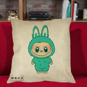 Perna Personalizata Labubu Turcoaz, 40x40 cm, Crem, Husa Detasabila, Perna Inclusa, BEKZ®