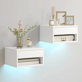 HOMCOM Noptieră set de 2 cu iluminare RGB-LED, noptieră suspendată cu sertar și nișă deschisă, Alb | Aosom Romania