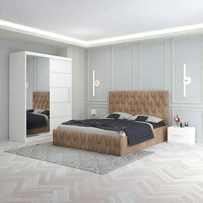 Set Mobila De Dormitor Eric Crem, pat tapitat 160x200cm,  dulap cu oglinda 150x210cm, noptiere