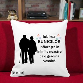 Cadou pentru Bunici - Perna Personalizata Bunicii Iubirea Infloreste Silueta Neagra Flori, 40x40 cm, Alba Mata, Husa Detasabila, Perna Inclusa, BEKZ®