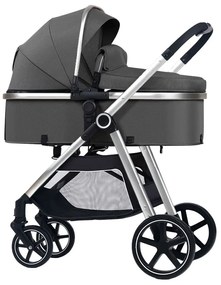 Carucior multifunctional transformabil 2 in 1 Kidizi Moveo gri, include saltea pentru landou si geanta pentru accesorii, cadru silver