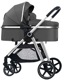 Carucior multifunctional transformabil 2 in 1 Kidizi Moveo gri, include saltea pentru landou si geanta pentru accesorii, cadru silver