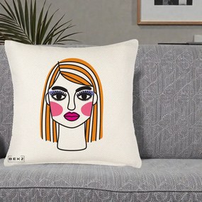 Perna Decorativa Portret Pop Art Fata, 40x40 cm, Crem Reliefat, Husa Detasabila, Perna Inclusa, BEKZ®