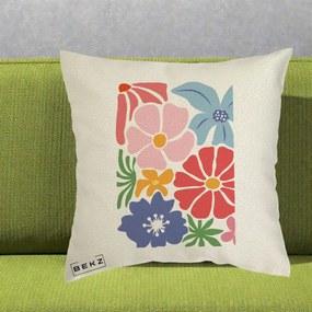 Perna Decorativa Flori Grafice Roz-Rosu-Albastru, 40x40 cm, Ecru, Husa Detasabila, Perna Inclusa, BEKZ®