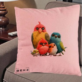 Perna Decorativa Familie de Pasarele Colorate, 40x40 cm, Roz, Husa Detasabila, Perna Inclusa, BEKZ®