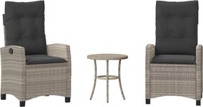 vidaXL Set bistro cu perne, 3 piese, gri deschis, poliratan