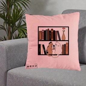 Perna Personalizata Pisici si Carti pe Raft, 40x40 cm, Roz, Husa Detasabila, Perna Inclusa, BEKZ®