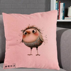 Perna Decorativa Pasare cu Penaj Zbarlit si Gene, 40x40 cm, Roz, Husa Detasabila, Perna Inclusa, BEKZ®
