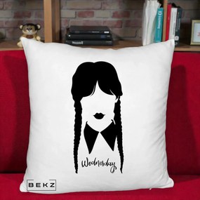 Perna Personalizata Wednesday Addams Silueta Alb-Negru, 40x40 cm, Alb Pufos, Husa Detasabila, Perna Inclusa, BEKZ®