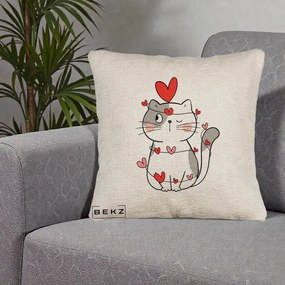 Perna Decorativa Pisica Kawaii cu Inimi, 40x40 cm, Bej Canapea, Husa Detasabila, Perna Inclusa, BEKZ®