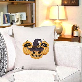 Perna Decorativa Trio Dovleci Jack-o-Lantern cu Palarie Vrajitoare, 40x40 cm, Bej cu Franjuri, Husa Detasabila, Perna Inclusa, BEKZ®