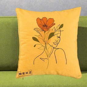 Perna Decorativa Portret Feminin Floare Portocalie, 40x40 cm, Galben, Husa Detasabila, Perna Inclusa, BEKZ®