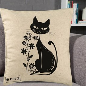 Perna Decorativa Pisica Neagra Grafica Minimalista, 40x40 cm, Bej, Husa Detasabila, Perna Inclusa, BEKZ®