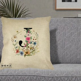 Cadou Personalizat - Perna Personalizata Monogram Litera J cu Flori Acuarela, 40x40 cm, Crem, Husa Detasabila, Perna Inclusa, BEKZ®