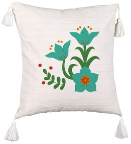 Perna Decorativa cu Franjuri, Model Florale Verzi, 45x45 cm, Ecru, Cu fermoar