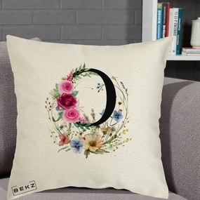 Cadou Personalizat - Perna Personalizata Monogram Litera O cu Flori Acuarela, 40x40 cm, Ecru, Husa Detasabila, Perna Inclusa, BEKZ®