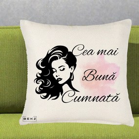 Cadou pentru Cumnata - Perna Personalizata Cea mai Buna Cumnata cu Silueta Dama si Pete Roz, 40x40 cm, Crem Reliefat, Husa Detasabila, Perna Inclusa, BEKZ®