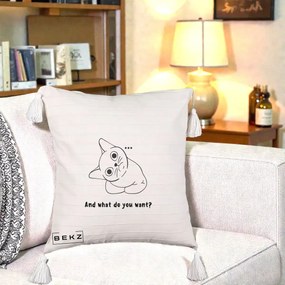 Perna Decorativa And What Do You Want Cat, 40x40 cm, Bej cu Franjuri, Husa Detasabila, Perna Inclusa, BEKZ®