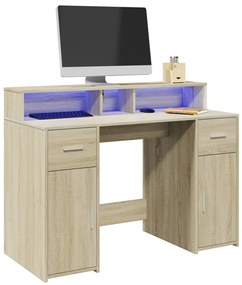 vidaXL Birou cu lumini LED stejar sonoma, 120x55x91 cm, lemn prelucrat