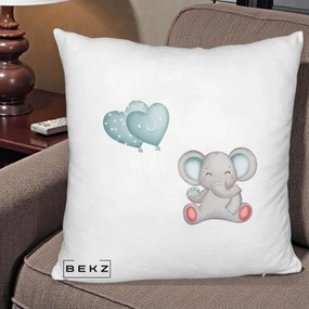 Perna Decorativa Fluffy, Model Elefant si baloane in forma de inimioare, 40x40 cm, Alb Pufos, Husa Detasabila, Perna Inclusa, BEKZ®
