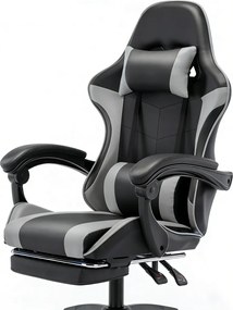 Scaun gaming, Masaj în perna lombară, Rabatabil 90-145°, Suport picioare, piele PU, Negru/Gri