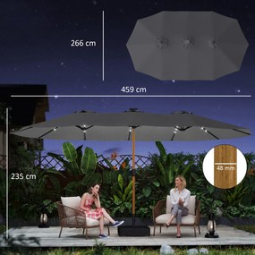Outsunny Umbrelă dublă de grădină 4,6x2,6 m cu 48 LED-uri, bază inclusă, manivelă, saci de nisip, protecție UV, gri deschis | Aosom Romania