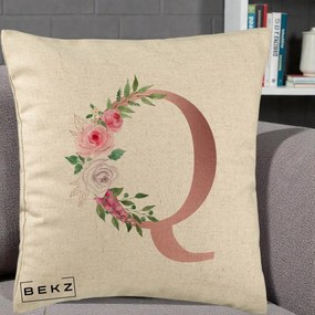 Cadou Personalizat - Perna Personalizata Monograma Rose Gold Litera Q, 40x40 cm, Bej, Husa Detasabila, Perna Inclusa, BEKZ®