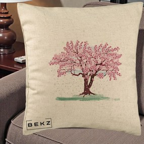 Perna Decorativa Cires Inflorit Acuarela, 40x40 cm, Bej, Husa Detasabila, Perna Inclusa, BEKZ®