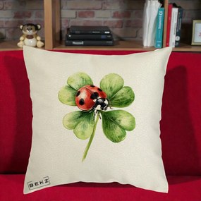 Perna Decorativa Buburuza Norocoasa pe Trifoi cu Patru Foi, 40x40 cm, Ecru, Husa Detasabila, Perna Inclusa, BEKZ®