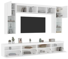 Set comode TV de perete, 8 piese, cu lumini LED, alb