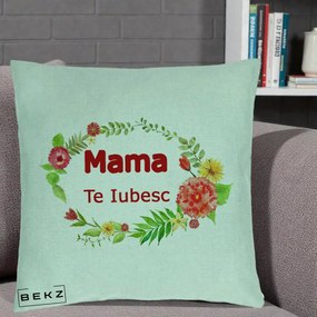 Cadou pentru Mama - Perna Personalizata Mama Te Iubesc Flori Rosii, 40x40 cm, Verde Menta, Husa Detasabila, Perna Inclusa, BEKZ®