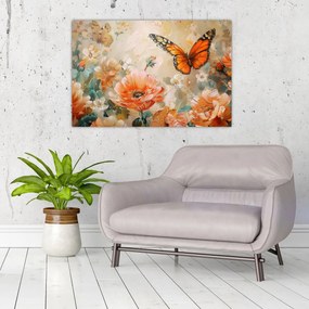Tablou - Fluture și flori, pictură în ulei (90x60 cm)