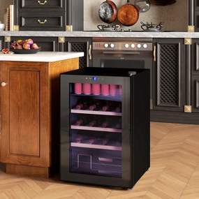 HOMCOM Răcitor pentru Vinuri de 53L cu Rafturi Ajustabile pentru 12 Sticle și 25 Doze, Răcitor Vinuri din Oțel, Lemn și Sticlă Temperată, 43x45x64 cm, Negru | Aosom Romania