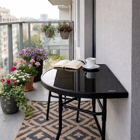 Masă balcon jumătate rotundă negru - sticlă cu structură metalică